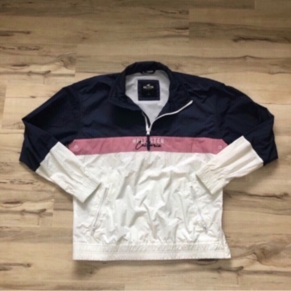 Lightweight Hollister Blue, Pink, & White Biker Quarter Zip Jacket Anorak - Picture 2 of 9